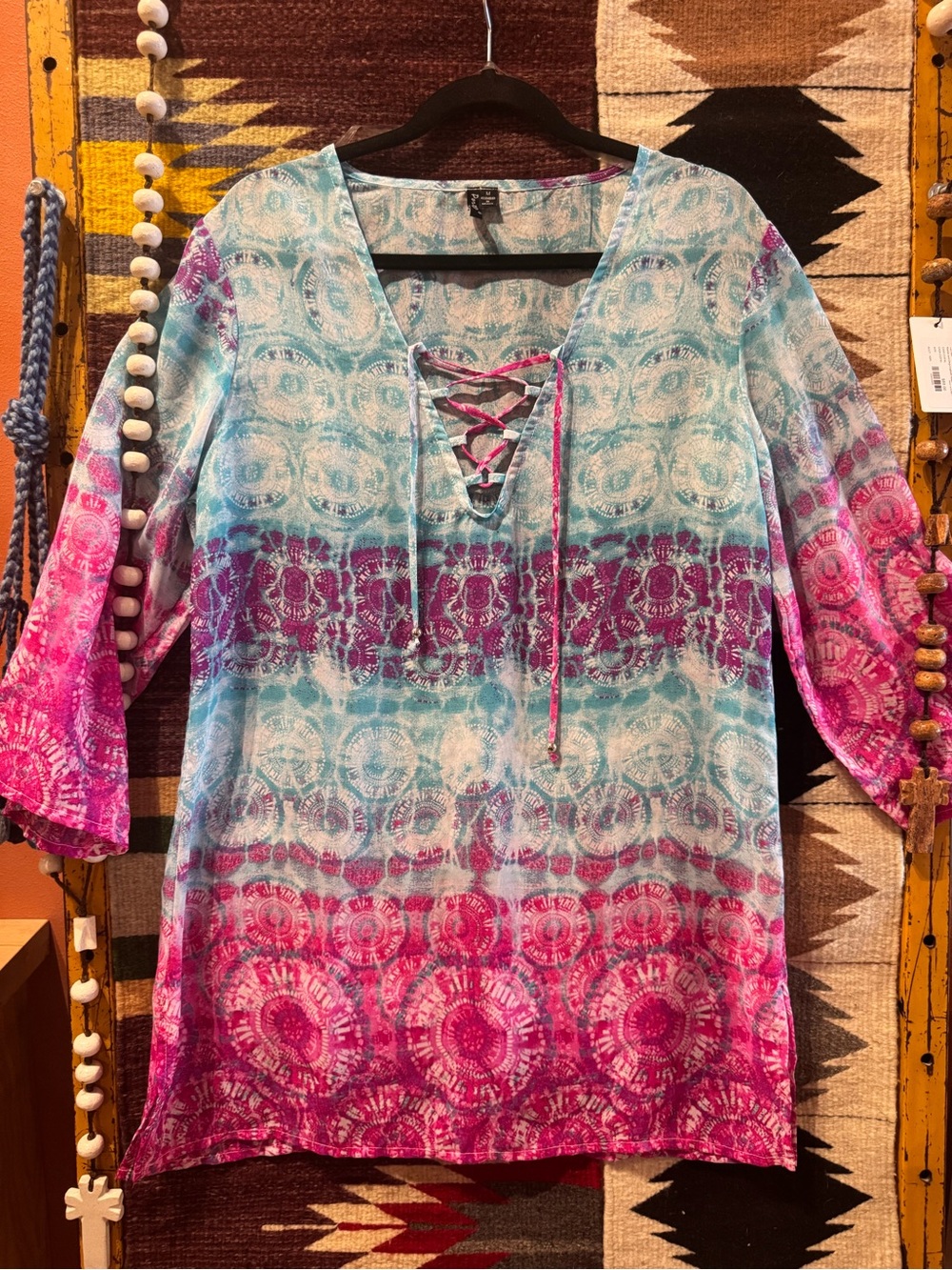 Women’s Tie-Dye Lace-Up Swim Coverup in Blue & Pink - Picture 2 of 7